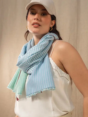 Chèche en coton et soie Gaufrette ciel femme
