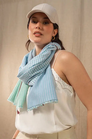Chèche en coton et soie Gaufrette ciel femme