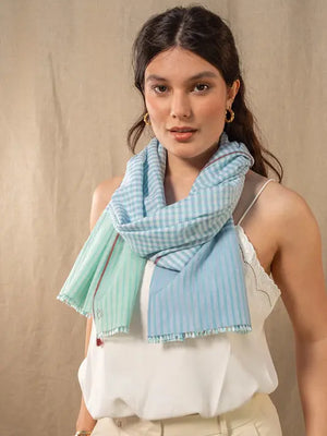 Chèche en coton et soie Gaufrette ciel femme 