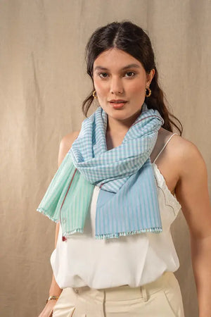 Chèche en coton et soie Gaufrette ciel femme 