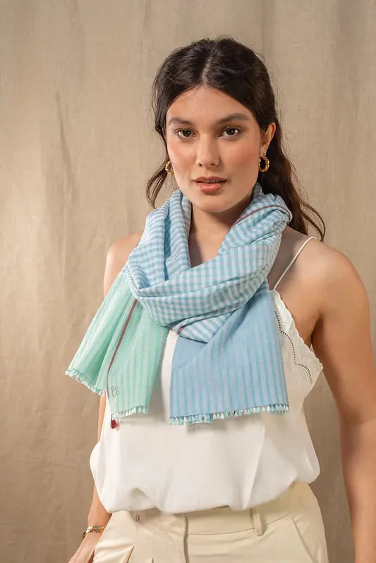 Chèche en coton et soie Gaufrette ciel femme 