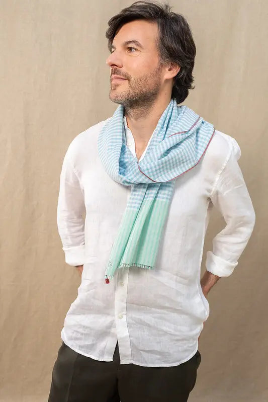 Chèche en coton et soie Gaufrette ciel homme 