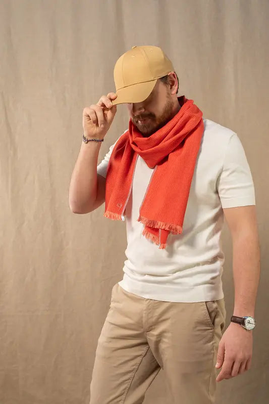 Chèche en coton et soie Granité rouge vermillon homme