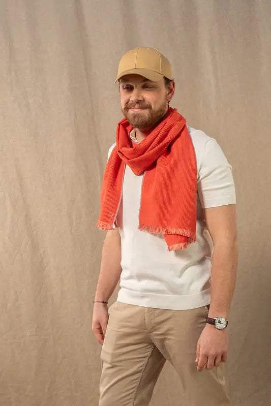 Chèche en coton et soie Granité rouge vermillon homme 