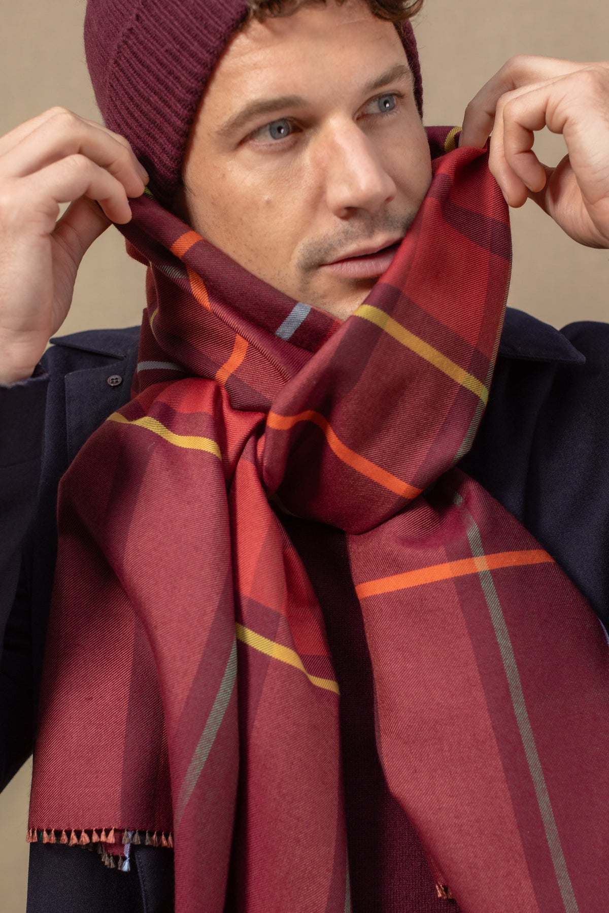 Echarpe University bordeaux en soie laine homme