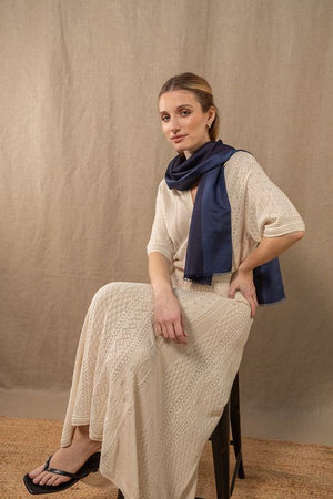 Foulard en soie Bicolore marine profond  fem