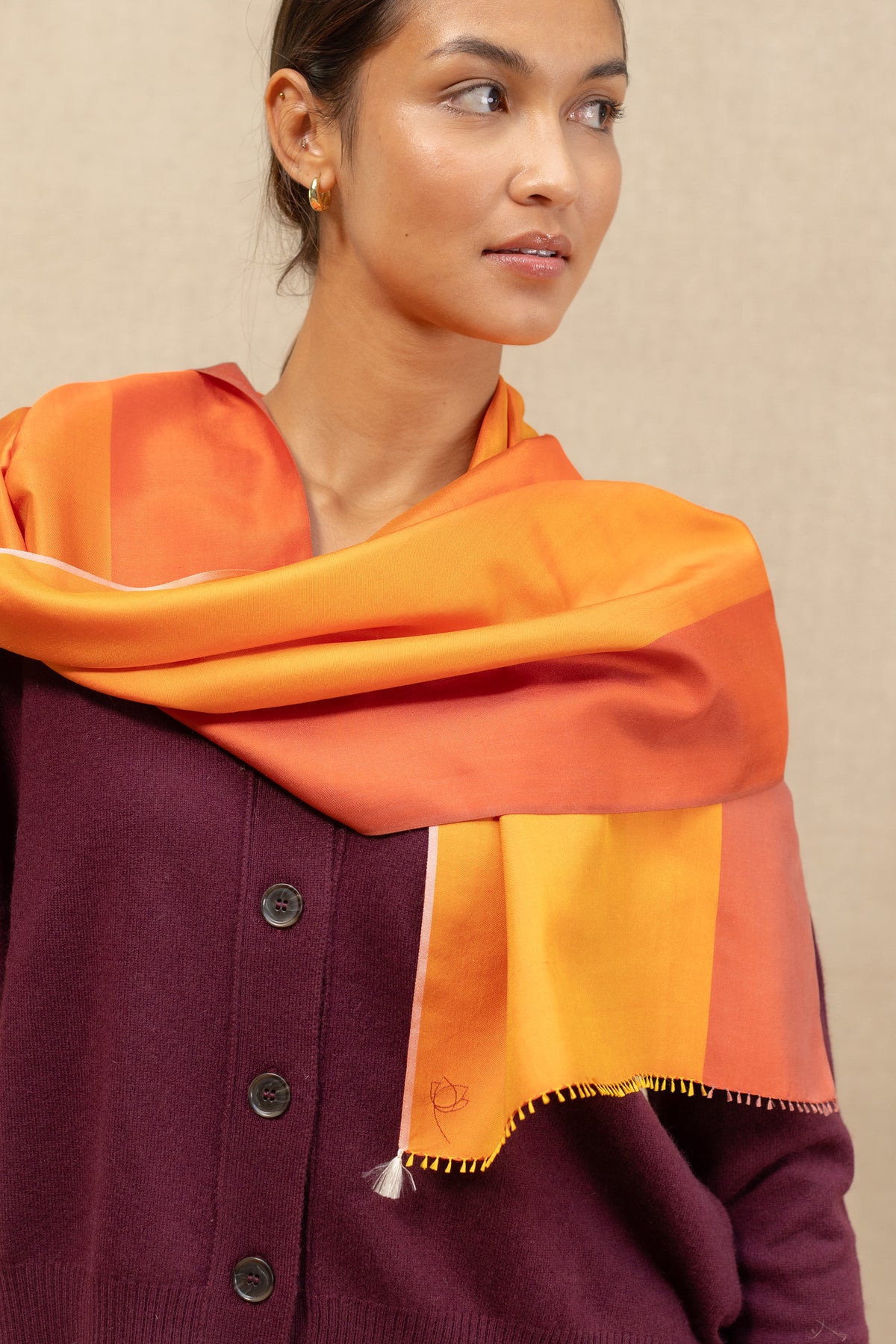 Petit foulard Bicolore en soie rouge orangé femme