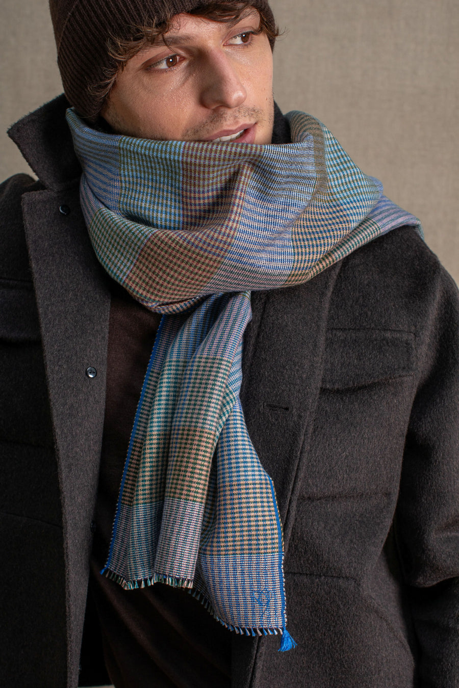 Echarpe Patchwork en soie laine teal