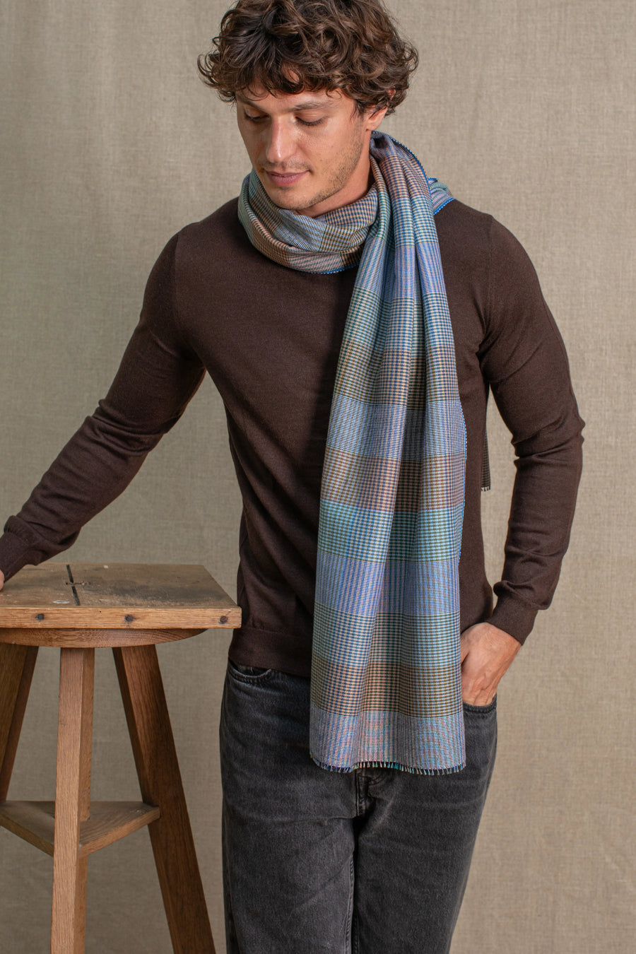 Echarpe Patchwork en soie laine teal