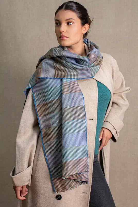 Echarpe Patchwork en soie laine teal