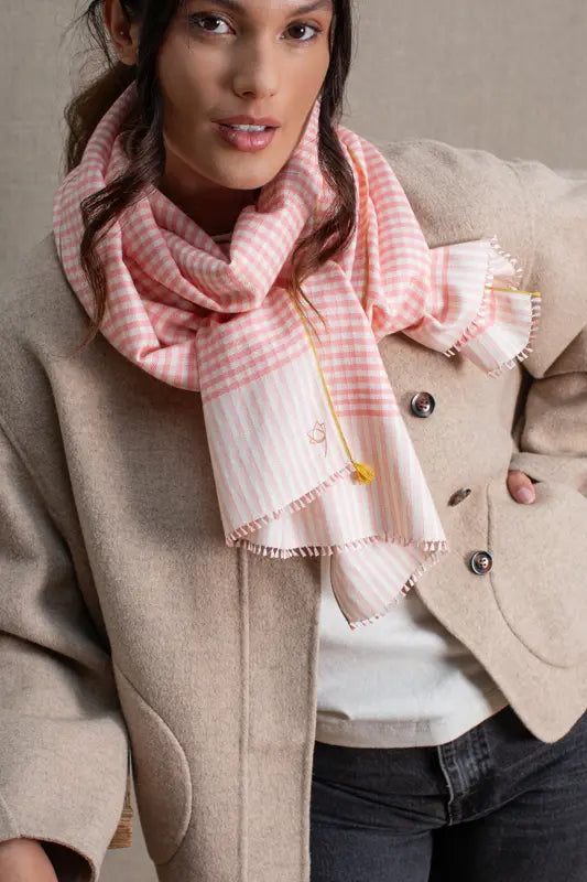 Echarpe Vichy en soie laine rose