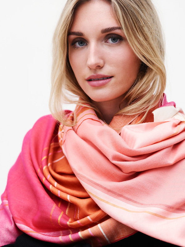 Echarpe Triptyque en soie laine rose
