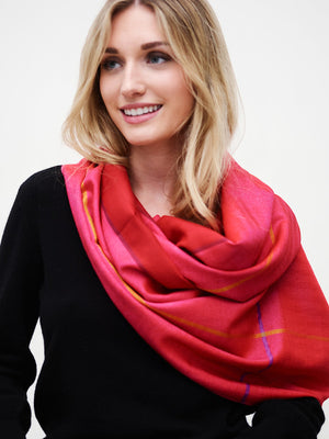 Echarpe bicolore en soie laine rose, rouge