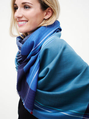Echarpe Triptyque en soie laine bleu